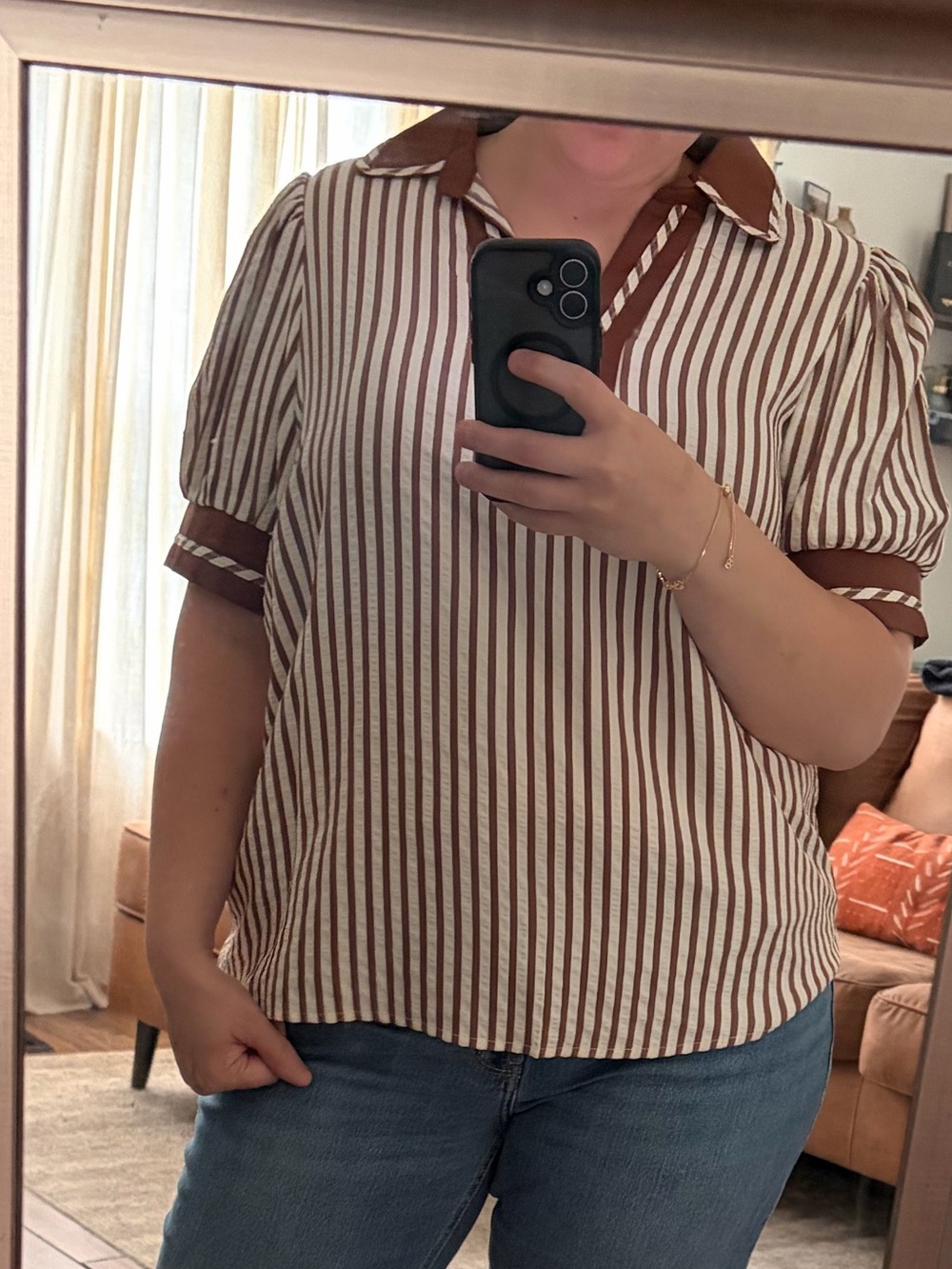 Women's Striped V-Neck Short Sleeve Top Brown Cream XL